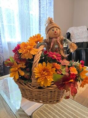 17" Fall Faux Flower & Handled Wicker Basket with Scarecrow